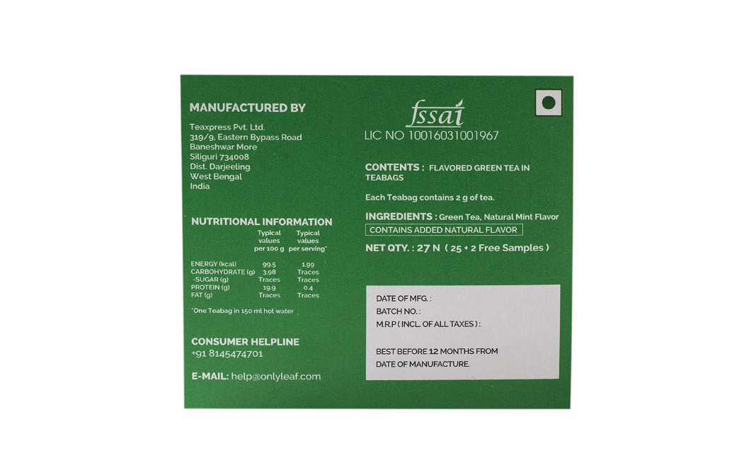 Only Leaf Mint Green Tea    Pack  27 pcs